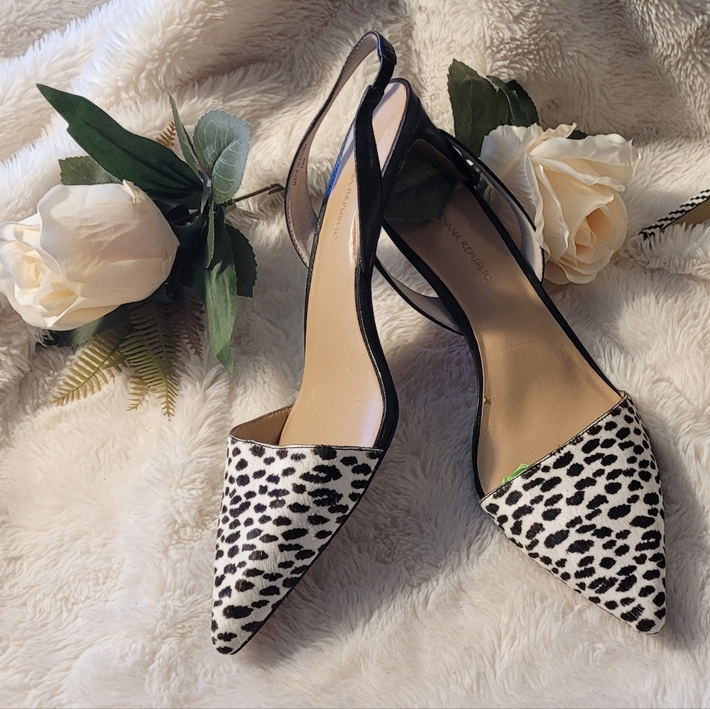 Banana Republic Black and White Leopard-Print Pointed Slingback Heels